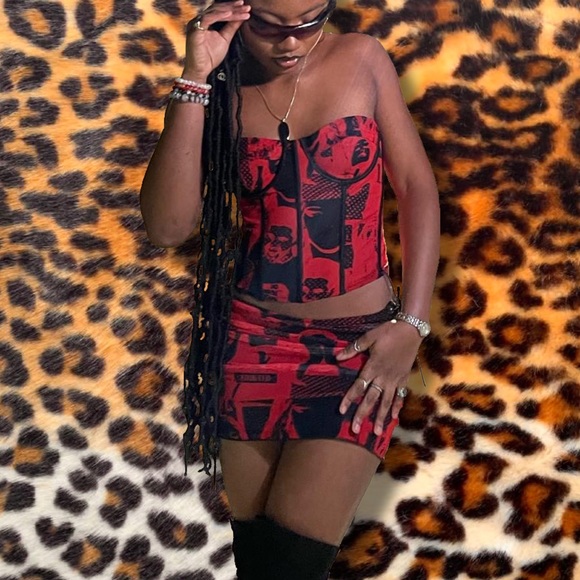 Edikted Dresses & Skirts - EDIKTED RED AND BLACK MESH POLKA DOT Y2K GRUNGE GRAPHIC LACE UP MINI SKIRT